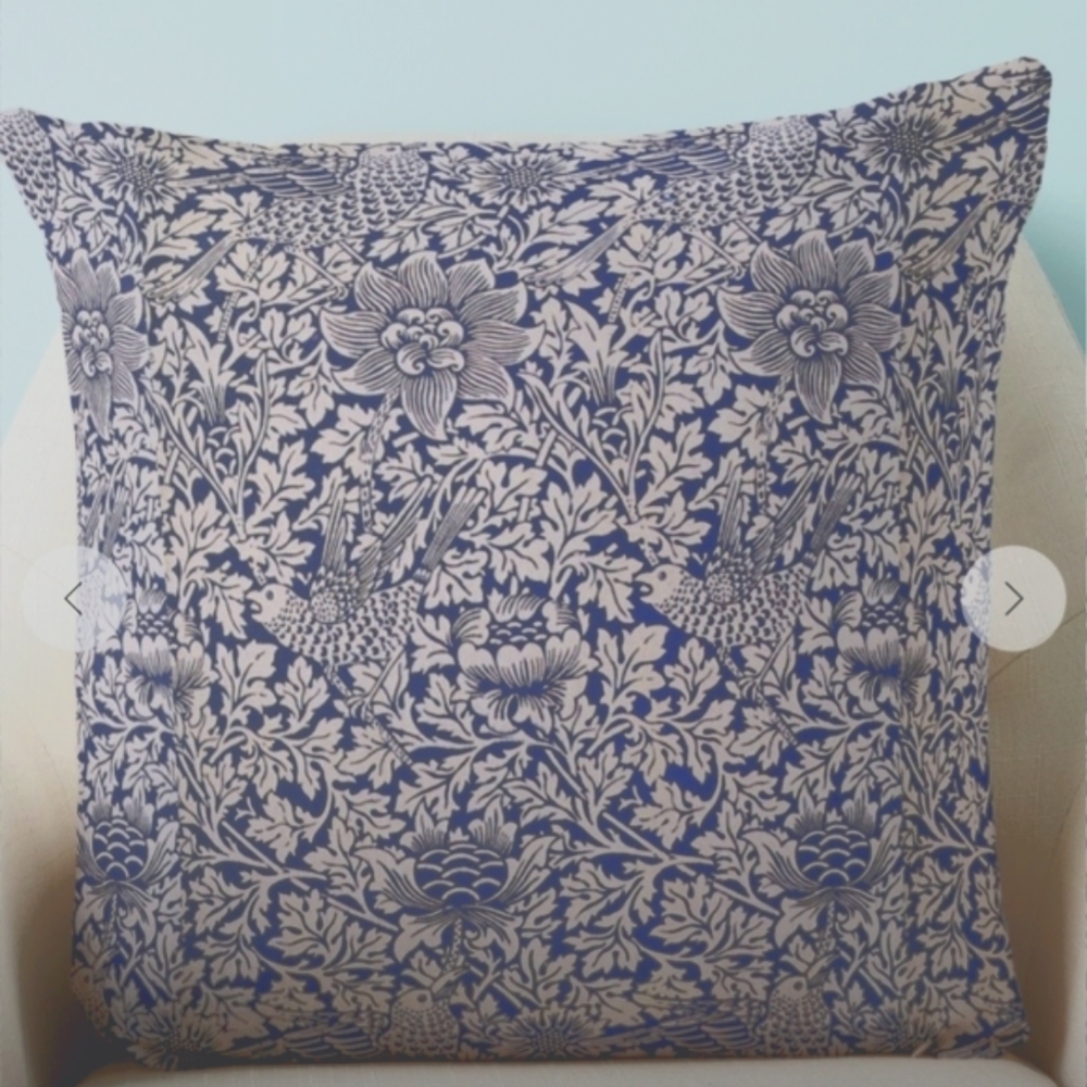William Morris Vintage Bird and Anemone Dark Blue Throw Pillows